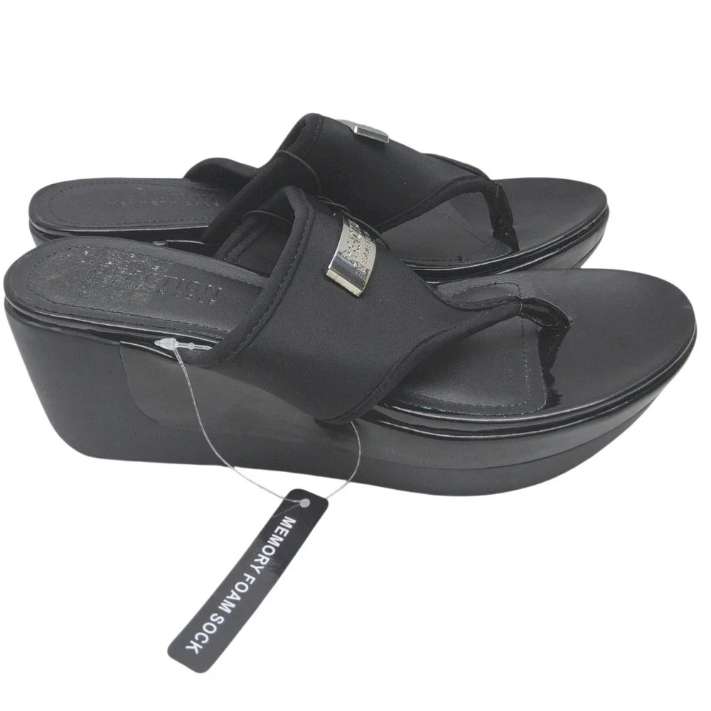 Kenneth Cole Reaction Pepea‎ Life Black Wedge Sandals Thong Platform Womens 5.5M